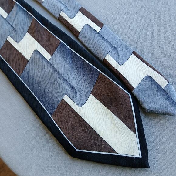 Vintage Y2K Silk Neck Tie geometric grey ribbon brown cream black wood texture - Picture 2 of 14